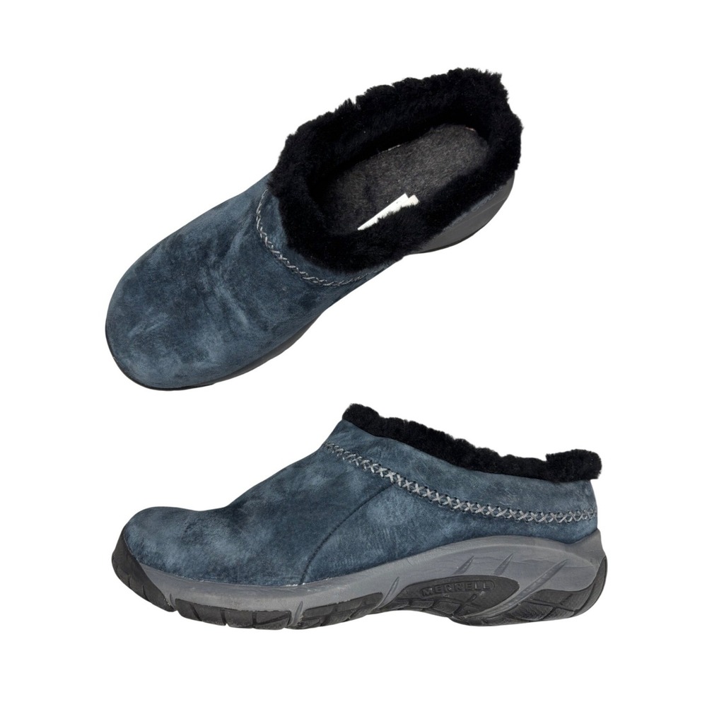 Merrell Encore Ice 4 Navy Blue Suede Faux Fur Lined Mules Clogs Women's Size 8.5